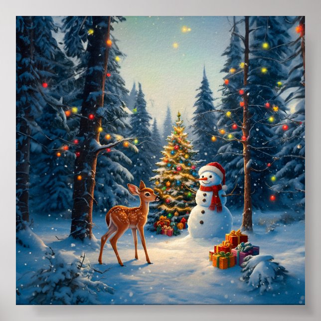 Póster Escena De Árbol De Navidad Cute Deer Fawn Snowman (Frente)