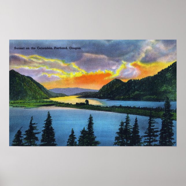 Póster Escena de atardecer en el río Columbia (Frente)