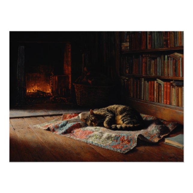 Póster Escena de biblioteca de gato junto a chimenea acog (Anverso)