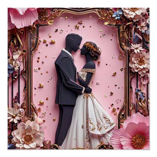 Póster Escena de boda con silueta de papel romántico (Anverso)