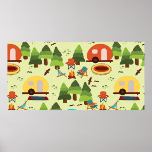 Póster Escena de camping - caravana, sillas de camping, c