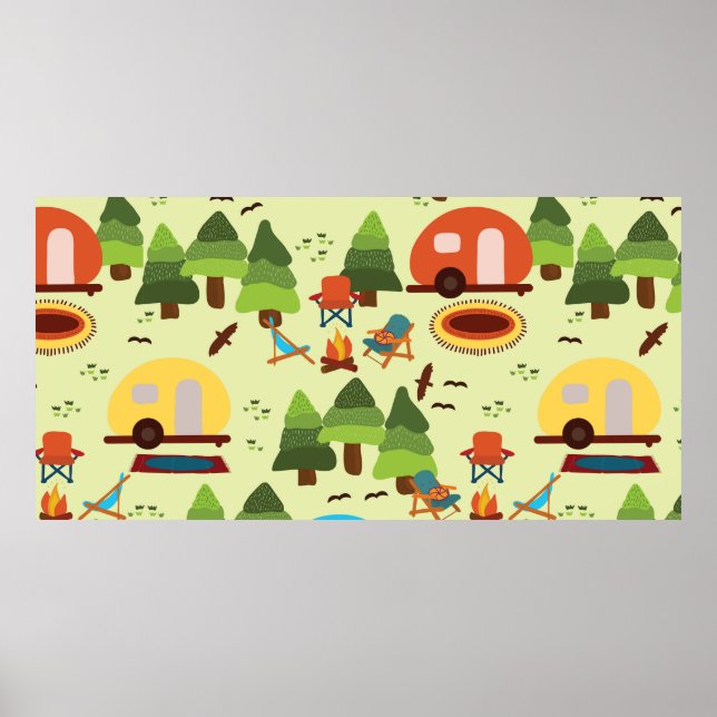Póster Escena de camping - caravana, sillas de camping, c (Frente)