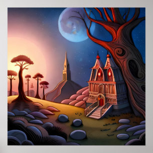 Póster escena de cementerio de bosque mágico con gran tor