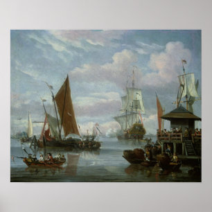 Póster Escena de estuario con barcos y pescadores