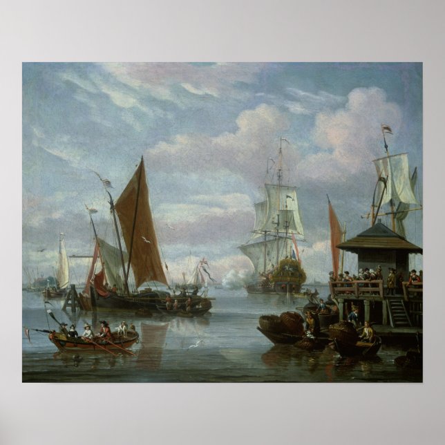 Póster Escena de estuario con barcos y pescadores (Frente)