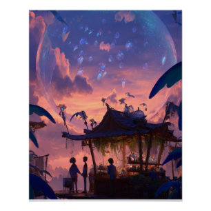 Póster Escena de fantasía del pabellón crepuscular ilumin