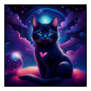 Póster Escena de Fantasía Gatito Negro Hermosos Ojos Azul