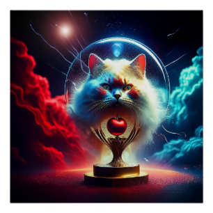 Póster Escena de fantasía: gato en un globo con manzana