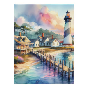 Póster Escena de faro costero y cabañas de playa
