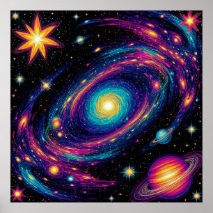 Póster Escena de galaxia abstracta con estrellas, planeta