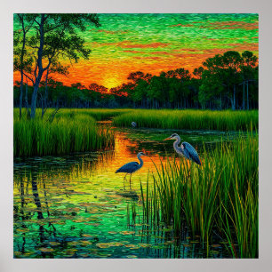 Póster Escena de humedal con garzas bajo una impresionant
