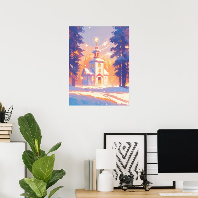Póster Escena de iglesia navideña nevada (Oficina en casa)