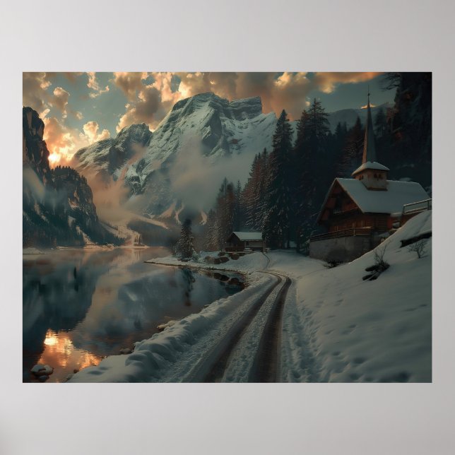 Póster Escena de invierno con edificios de madera (Frente)