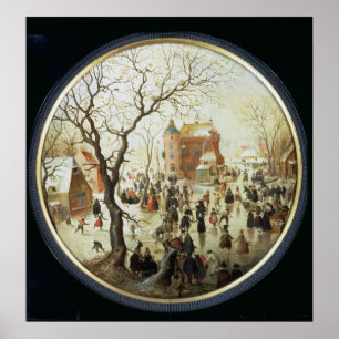 Póster Escena de invierno con patinadores cerca de un cas