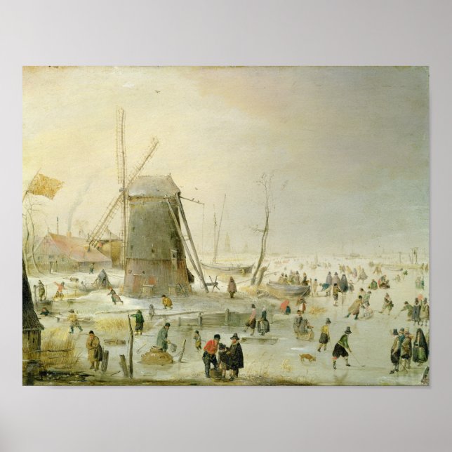 Póster Escena de invierno con patinadores cerca de un mol (Frente)
