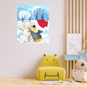 Póster Escena de invierno con pingüino y muñeco de nieve