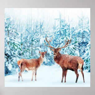 Póster Escena De Invierno De La Familia Snowy Deer