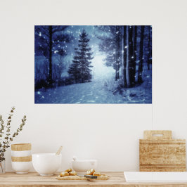 Póster Escena de invierno del bosque mágico iluminado por