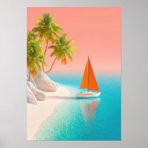 Póster escena de isla tropical con palmeras, barco de vel