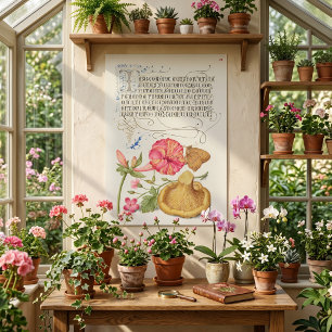 Póster Escena de jardín con flores, mariposa y hongo