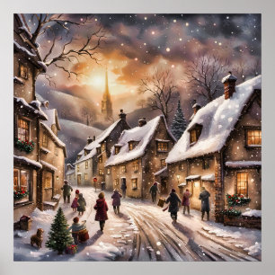 Póster Escena de la aldea de Navidades encantadores