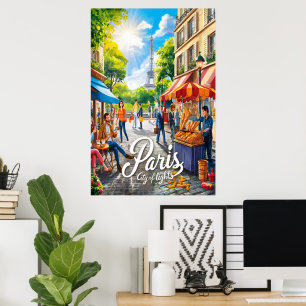 Póster Escena De La Calle Parisiana Con Torre Eiffel