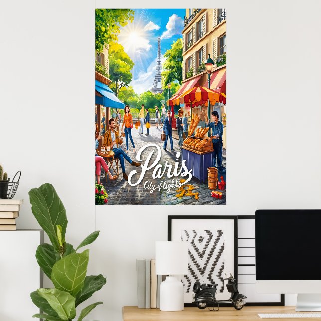 Póster Escena De La Calle Parisiana Con Torre Eiffel (Oficina en casa)