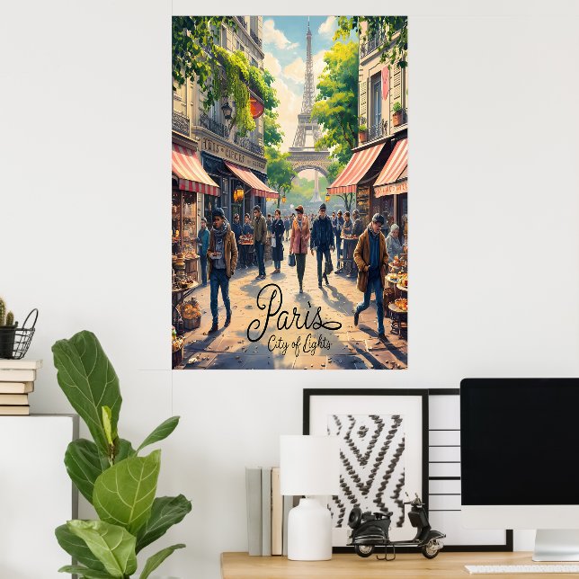 Póster Escena De La Calle Parisiana Con Torre Eiffel (Oficina en casa)