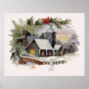 Póster Escena de la iglesia del navidad de la acuarela