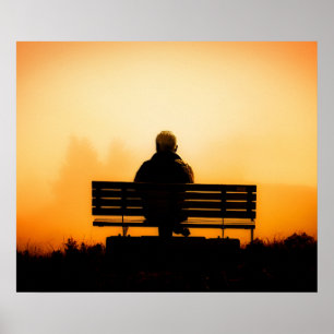 Póster Escena de la puesta del sol con el hombre en banco