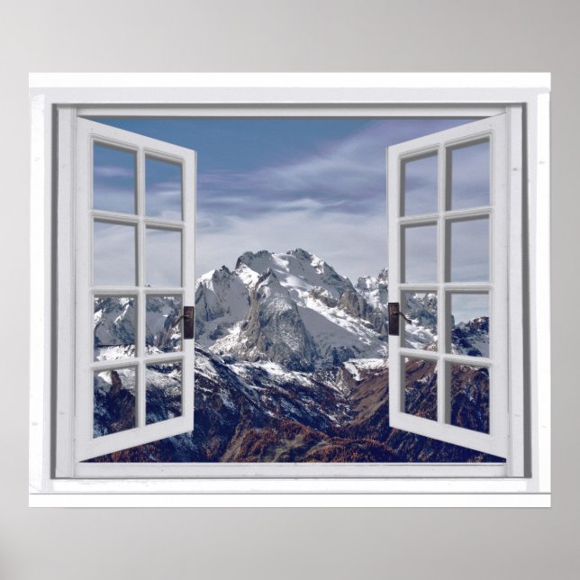 Póster Escena De La Ventana Faux Picos De Montaña De Niev (Frente)