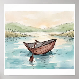 Póster Escena de lago en barca de madera con acuarela ser