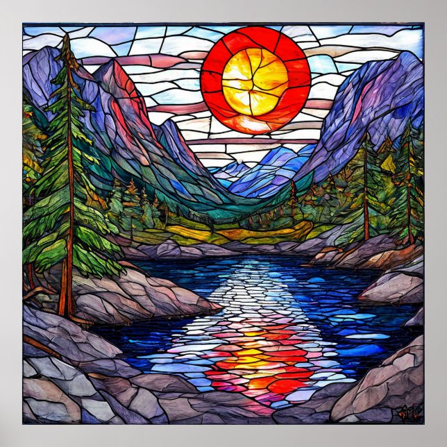 Póster Escena de montaña con un lago y árboles (Frente)