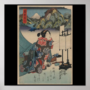Póster Escena de montaña Ukiyo-e Lady japonesa