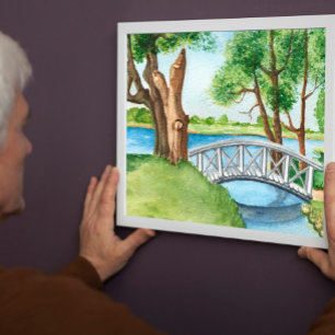 Póster Escena de naturaleza acuarela con puente de madera