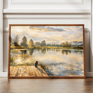Póster Escena de naturaleza del lago en acuarela, impresi