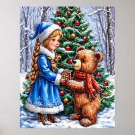 Póster Escena de Navidad con niña y oso de peluche