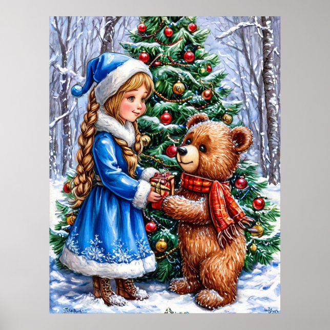 Póster Escena de navidades con Chica y oso Teddy (Frente)