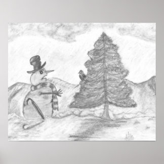 Póster Escena de navidades de dibujo de Snowman Grayscale