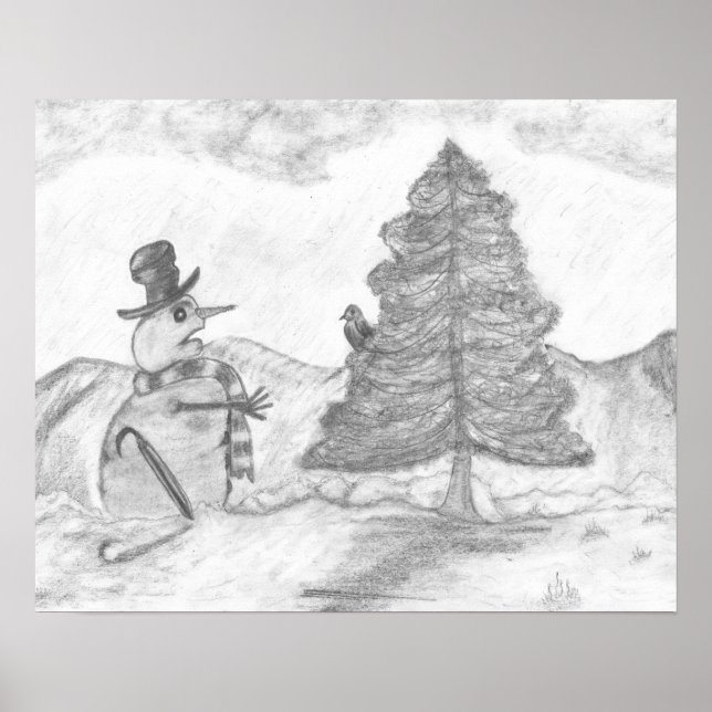 Póster Escena de navidades de dibujo de Snowman Grayscale (Frente)