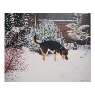 Póster Escena de nieve de invierno con perro negro lindo 