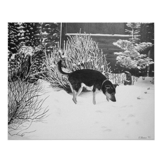 Póster Escena de nieve de invierno con perro negro lindo  (Anverso)