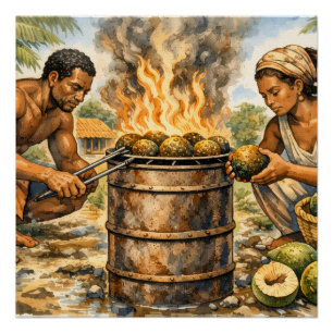 Póster Escena de pan de fruta del Caribe en acuarela