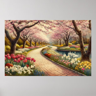 Póster Escena de parque en primavera con acuarela