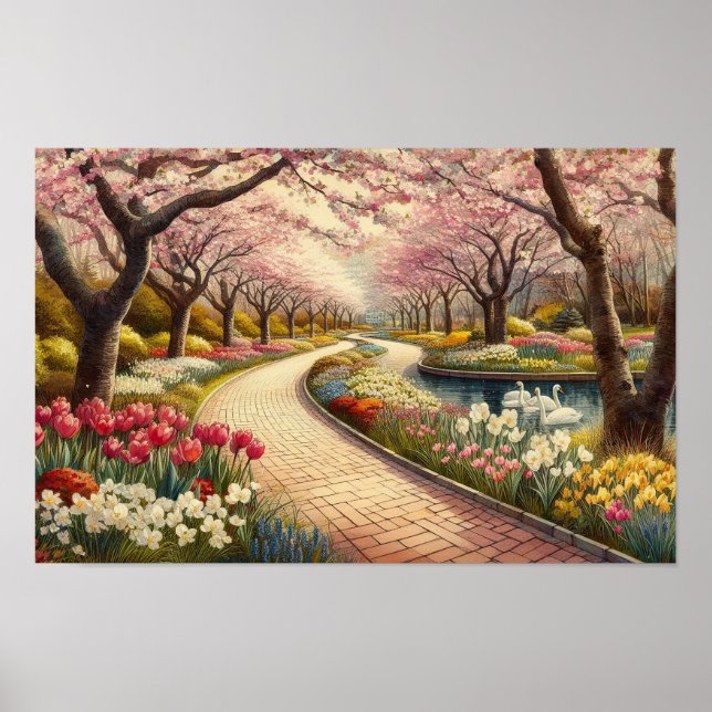 Póster Escena de parque en primavera con acuarela (Frente)