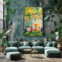 Escena de parque puntillista con colores vibrantes