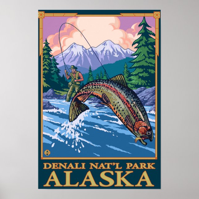 Póster Escena de pesca de mosca - Parque Nacional Denali, (Frente)