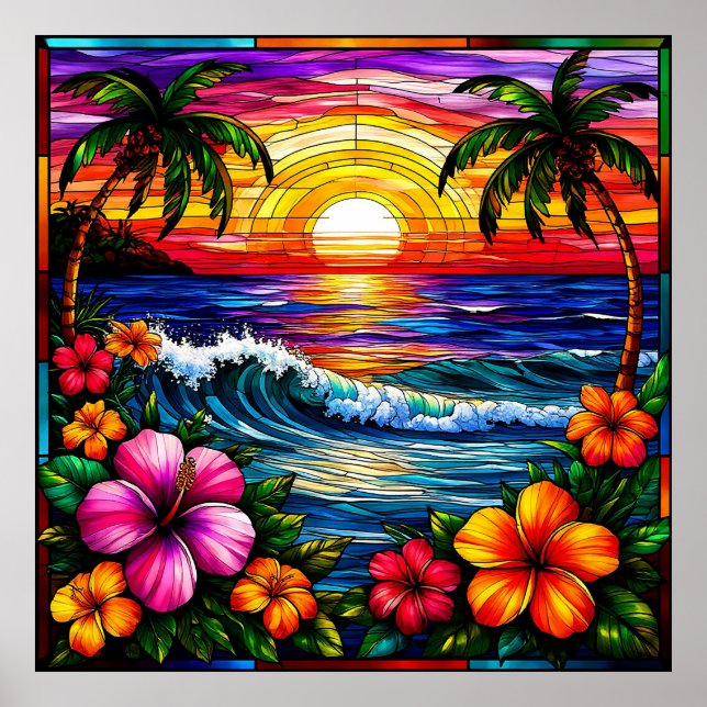 Póster Escena de playa al atardecer tropical con flores v (Frente)