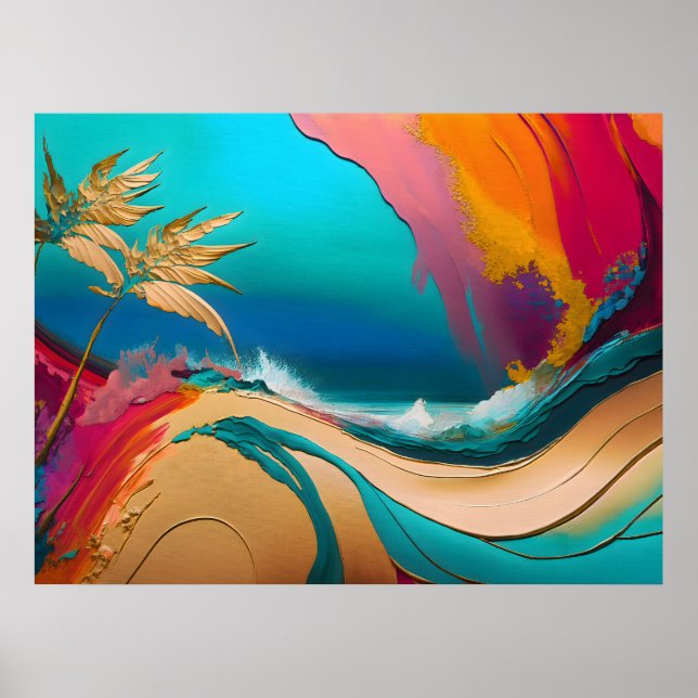 Póster Escena de playa tropical abstracta vibrante (Frente)