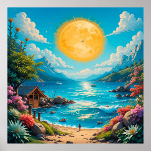 Póster Escena de playa tropical con flores vibrantes